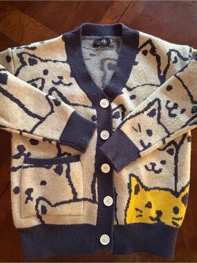 Cider Navy & Cream Knit Cardigan with Yellow Motif